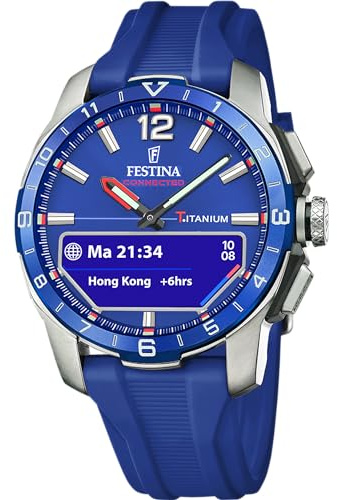 Festina Montre Connectée Hybride Homme - Bracelet Caoutchouc Bleu - Suivi Activité, Musique, Notifications - Autonomie 10 Jours - F23000/3 Connected D