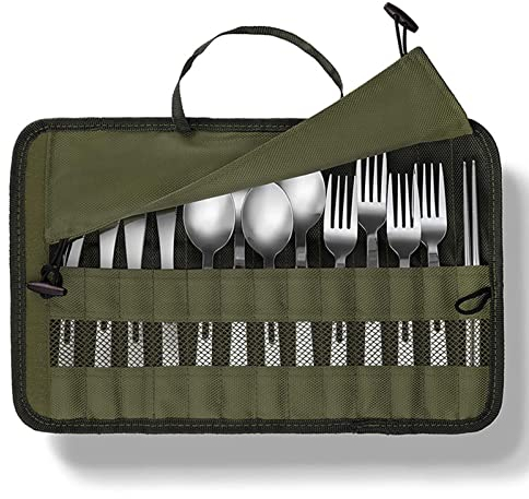 38x25cm Camping Cutlery Pouch Cutlery Storage Bag, Kitchen Cooking Utensil Set Travel Organizer, Multi-Function Cutlery Pouch Holder Forks Spoons Chopstick Roll, Multi Purpose Cutlery Roll Pouch