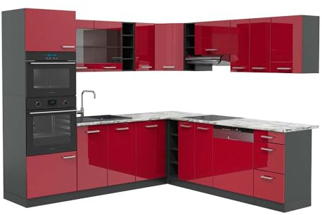 Vicco Eckküche R-Line, Rot Hochglanz/Anthrazit, 247 x 237 cm | 14 Module · Höhenverstellbare Füße · AP Marmor inkl. · Robuste Fronten · Mit Backofen-/Mikrowellenschrank