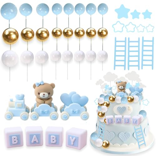 Baby Shower Bear Cake Toppers - 49pcs Blue Theme DIY Decorations With Train, Staircase, Clouds, Stars for Boy Girl Birthday Party, Gender Reveal, Baby Shower Supplies
