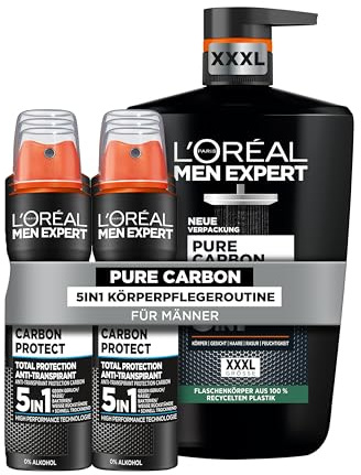L'Oréal Men Expert 5in1 Körperpflegeset für Männer, Mit XXXL Duschgel und 6x Deoroller, Set für Herren mit Karbon, Pure Carbon, 7-teilig