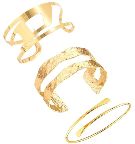 ARROMI Gold Arm Cuff Set - 3 PCS Fashion Bangle for Women, Minimalist Statement Cuff