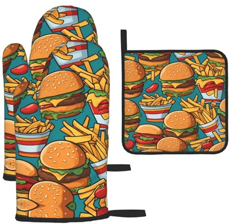 Süße Burger Pommes 3 Stück Ofenhandschuhe Topflappen Sets - Hitzebeständig - Perfekt für Küche Kochen, Backen, BBQ - Verbrühungssicher
