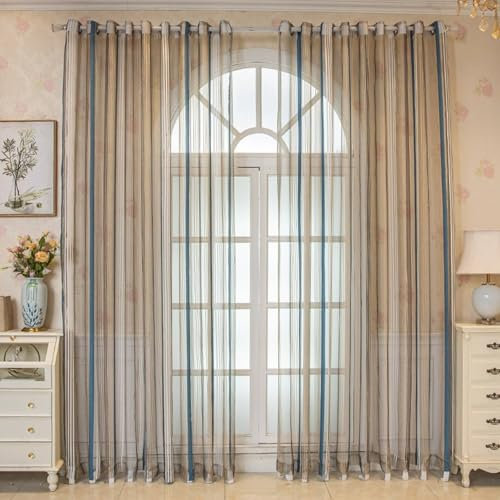 Outdoorvorhänge Gardinen 2er Set Blau Gold Weiß Voile Streifen H274 x B132 cm (2er Pack) Polyester
