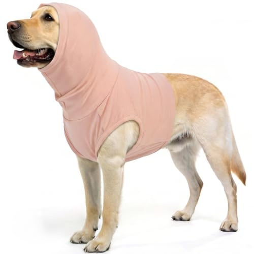 PUMYPOREITY Wundschutzanzüge Für Hunde Hals, Halsschutz Nach Op Kopfwickel Ohren-Hoodie Gehörschutz Hund Silvester Ohrenschützer Winter(Hautrosa, 3XL)