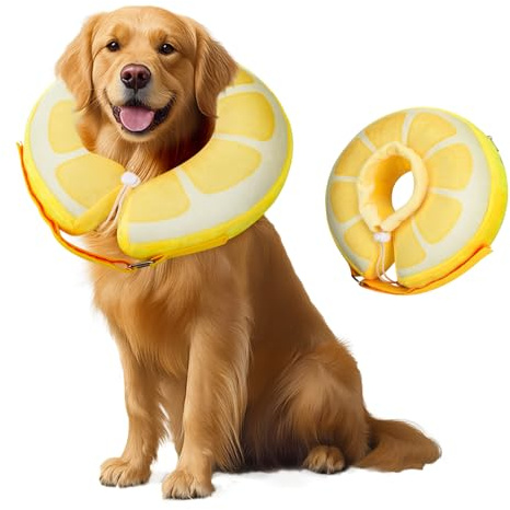 Uppblåsbar hundkrage, avtagbart hundhalsband, skyddshalsband för hundar och katter, mjukt återhämtningshalsband för husdjur (citron, M)