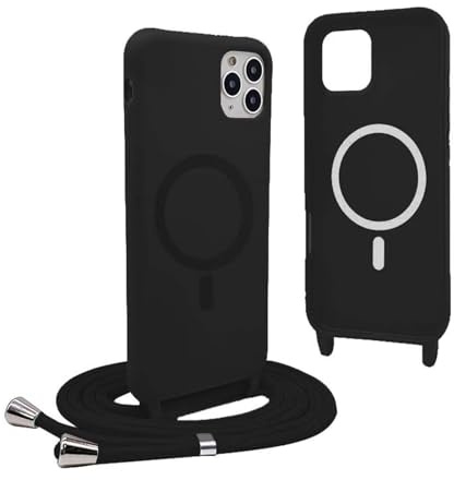 YFSYLL Handykette Hülle für iPhone 11 Pro mit Band,Magnetische Silikon Handyhülle Kompatibel mit MagSafe,Handyhülle für zum Umhängen Einstellbar und Abnehmbar - Schwarz