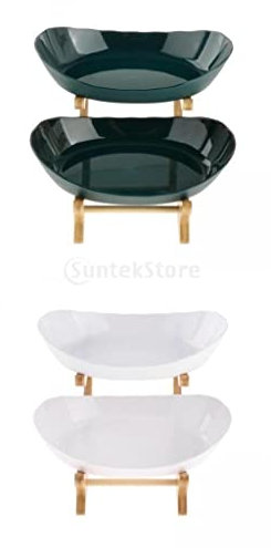 getuse - Plato de fruta de 2 plantas con soporte de madera, verde y blanco, 2 capas para postre, aperitivos, dulces y decoración de fiesta
