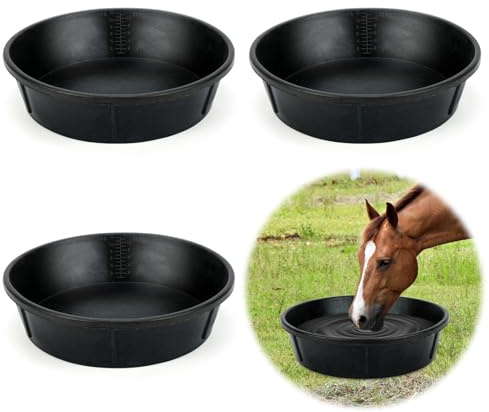 Midollarle 3Pcs Heavy Duty Rubber Feeder Pan, 12Q/3Gal Horses Feed Pan, Large Feed Bucket for Animal Feeding, Livestock Water Bowl Chicken Dust Bath Tub for Horse Goat Pig Dog Farm Livestock Poultry