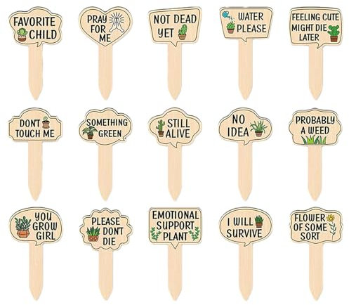 Etichette Da Giardino - Etichette Giardino Per Piante - 15 Segnalini in Legno con Scritte Divertenti per Vasi Fiori, Coltivazioni in Serra, Interni ed Esterni