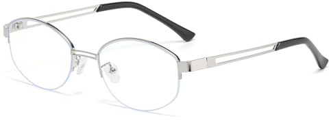 LJCZKA Glasögon Ljusblå Ovala Halva Bågar Män Kvinnor Glasögon Blått Ljusfilter Metall Anti-Reflex för Datorspel Läsning, Silverton
