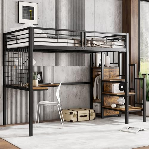 NovaFurnish Eisenbett, Etagenbett, Hochbett, Geeignet für Kinder und Jugendliche, mit Tisch und Kleiderschrank, Seitenleiter mit Handlauf, Eisen+Spanplatte, Schwarz+dunkle Holzfarbe, 90x200cm