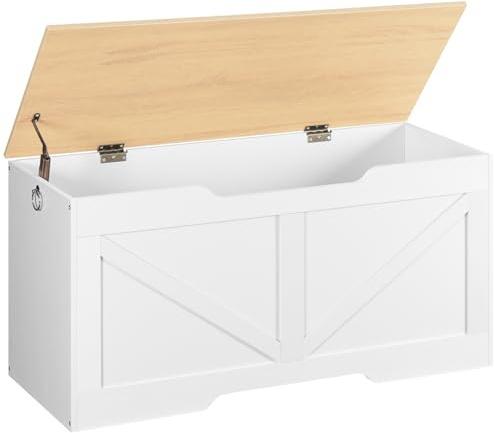 HOOBRO Cassapanca, Panca Contenitore per Bambini, con Cerniere di Sicurezza, Grande Piano, Manico Incorporato, Poggiapiedi, Baule per Giocattoli, Sgabello, Bianco e Colore Legno Naturale EWN771CW01