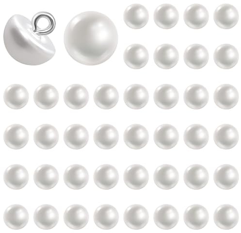 Classicseali 40 Stück Knöpfe Perlen, 10mm Perlenknöpfe mit Metallhaken, Perlenknöpfe zum Annähen, Halbkreisförmige Perlmuttknöpfe für Brautkleider, Hemden, Schmuck, DIY-Bastelarbeiten(Weiß)