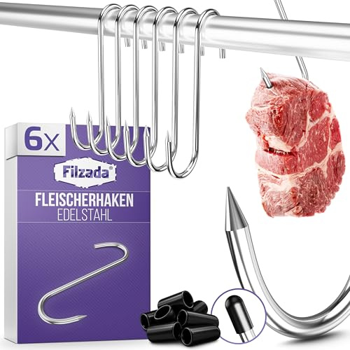 Filzada® 6x XXL Fleischerhaken Edelstahl 50kg Ø5mm -Räucherhaken mit Spitze | Fleischhaken Räuchern für Forellen, Fleisch - S Haken Edelstahlhaken massiv - 304 Edelstahl korrosionsbeständig