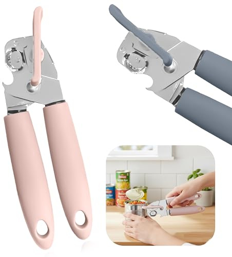 Natural Soft Grip Tin Opener – Stylish Kitchen Tool, Metal Tin Opening Mechanism, Built-in Bottle Opener, Assorted Colours (Natural, Grey, Pink, Sage), Comfortable Grip