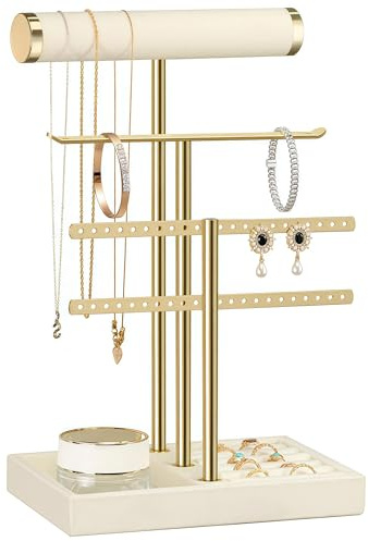 Kezidhp Presentoir Bijoux 3 Étagères, Boite à Bijoux/Organisateur en Velours avec Tiges en T Amovibles pour Bracelets, Colliers, Montres et Bagues, Coloris Beige