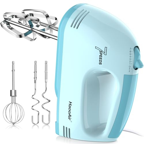 Haooair Elektrischer Handmischer, Kompakter 7-Gang Mixer, Spülmaschinengeeignetes 304 Zubehör (1 Schneebesen, 2 Knethaken, 2 Rührstäbe), Mischt verschiedene Zutaten, Anfänger und Bäcker