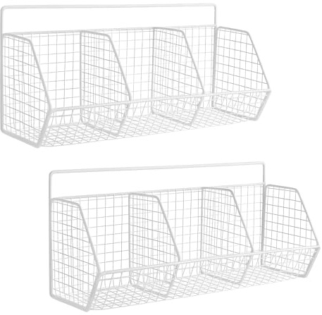 GREENSAPPIRE 2PCS Wall-Mounted Kitchen & Bathroom Baskets – White Metal Wire Shelves No-Drill Adhesive Storage Organizer for Kitchen, Shower, or Home