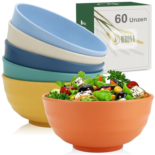 Wrova Lot de 6 grands saladiers de 1770 ml - Lot de 6 grands saladiers en plastique - Passent au micro-ondes et au lave-vaisselle - Bol de service en plastique pour servir des ramen et de la salade