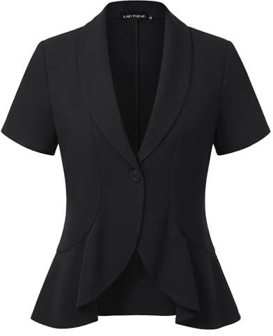 Kyzoeyou Blazer da donna a maniche corte, misto cotone e lino, elegante, giacca con un bottone, per lavoro, ufficio, casual, top, B-nero, S