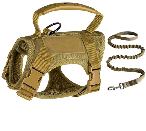 Taktisches Katzen-Geschirr- und Leinen-Set, Khaki mit 2 aufgestickten Aufnähern, ausbruchsicher, für Katzen verstellbar, inklusive ausziehbarer Leine und Kontrollgriff