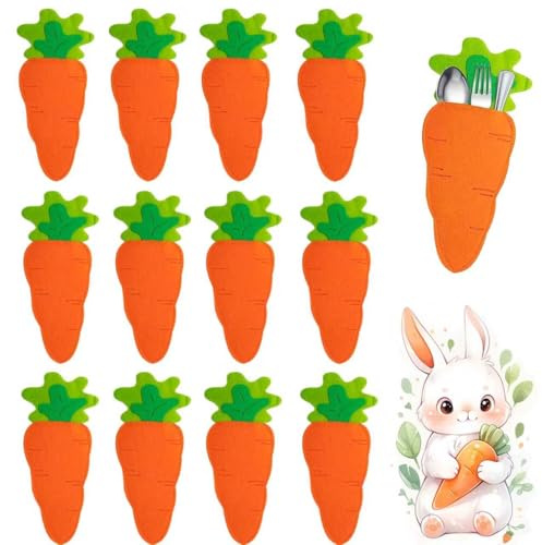 YeahBoom 12 Stück Bestecktaschen aus Filz in Karottenform,Besteckhalter Filz Ostern,Bestecktaschen ostern,Besteckhalter Karotte,Robust & Pflegeleicht,Perfekt für Verschiedene Feste