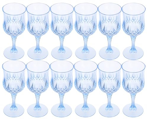 UKCOCO Copas de Vino de Plástico Reutilizables 12 Piezas Azul Transparente Estilo Vintage, Copas para Bodas y Recepciones, Vasos Irrompibles para Fiestas y Eventos al Aire Reutilizable