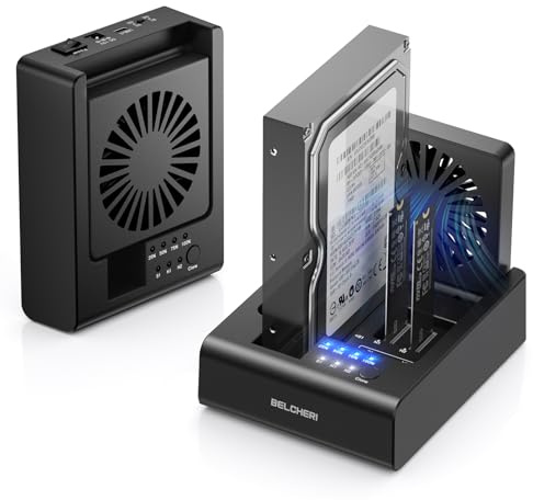 BELCHERI Base de 3 bahías para clonación de discos duros, USB 3.2 Gen 2, 10 Gbps, para M.2 NVMe SSD y SATA HDD de 2,5/3,5, HDD/M.2 NVMe SSD Cloner Docking Station con ventilador plegable