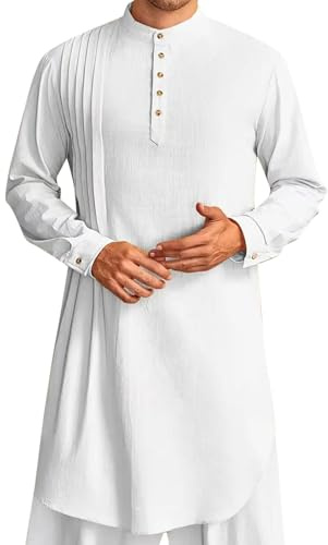 RUMAOZIA Kaftan - Bata de algodón y lino para hombre, cuello alto, camisa de lino, camisa de lino para hombre indio, kurta, túnica larga, ramadán, camisa árabe para ocasiones festivas y moda étnica, O