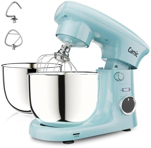 Camic Küchenmaschine mit LED-Display, Zeit Einstellen, Knetmaschine mit Rührhaken, Knethaken, Schlagbesen, 10 Stufen, 2 Edelstahlschüsseln 4L+5L, für Teig, Brot, Pizza, Kuchen