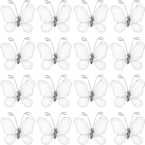 LUOEM 50 Stück Glitter Schmetterlinge künstliche Schmetterlinge Schmuck für Hochzeiten schiere Mesh Wire Gem White