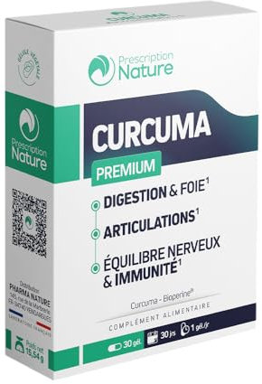 Prescription Nature - CURCUMA - Complément Alimentaire à Base de Plantes - Curcuma et Poivre Noir - Fabrication Française - 30 Gélules