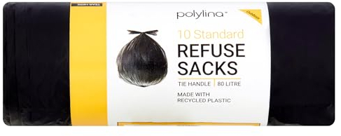 Polylina 10 Tie Handle Refuse Sacks Bin Bags, Recycled Plastic, Black, 80 Litre
