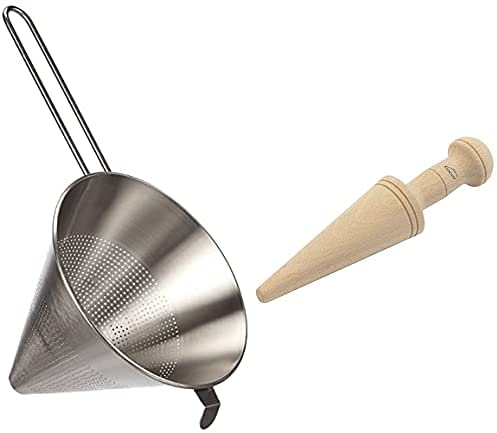 LACOR Colador Chino Varilla, Acero, Plateado, 18 Cm + - 60300 - Mano De Chino, Mortero De Madera, para Colador Chino De Cocina, Madera De Haya Natural, 23.5Cm