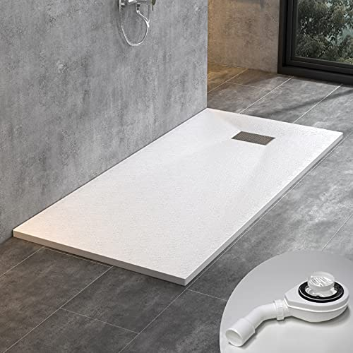 WITEN&NOCK Duschwanne 160x90 cm SMC Brausewanne Weiß Steinoptik Antirutsch Duschtasse Höhe 3,2 cm Niedrige Schwelle Extraflach Brausetasse mit Ablaufgarnitur Ø 90 mm