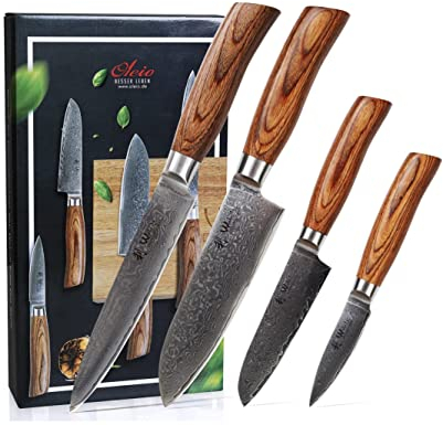 Wakoli EDIB Pro Damast Messer Set 4-teilig aus 67 Lagen Damaststahl mit VG10-Kern & Pakkaholzgriff – Küchenmesser Set mit Santoku, Officemesser & Fleischmesser Messerset in Geschenkbox