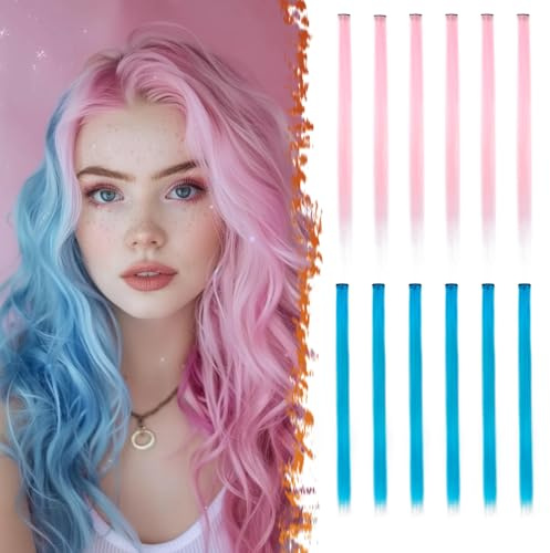 BARSDAR 2 Farben 12 PCS Farbige Haarverlängerungen, Highlights 55cm Glattes langes Haarteile Haarsträhnen Zum Einklipsen Farbiger Clip in Haarverlängerungen Extensions Bunt für Frauen