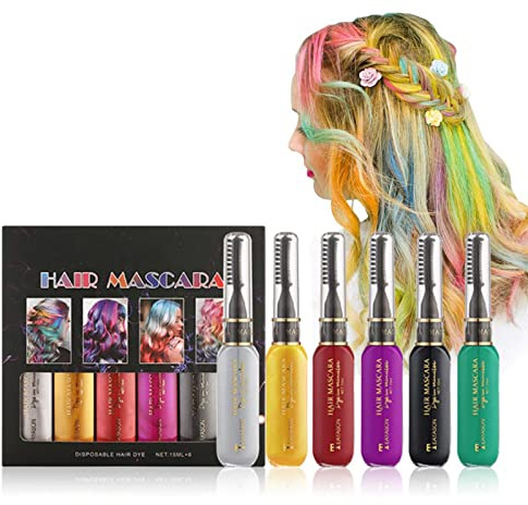 Joyeee Craies pour cheveux pour cheveux lavable, 6 couleurs de teinture pour cheveux pour cheveux foncés et clairs, mascara coloré lavable pour fête d'anniversaire Noël Halloween Cosplay