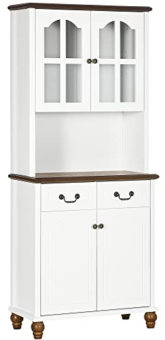 HOMCOM Küchenschrank Hochschrank mit Arbeitsplatte, 4 Türen und 2 Schubladen Buffetschrank Mikrowellenschrank mit Verstellbaren Ablagen, Soft-Close-Funktion, Weiß, 76 x 38 x 182 cm