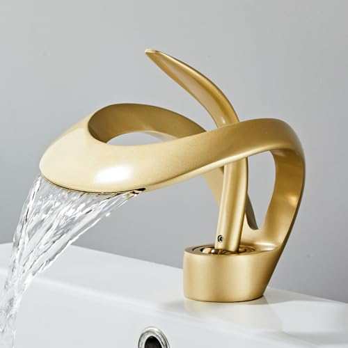 Touch On Wasserhahn - Massives Messing, Wasserfallauslauf Einzelhandgriff, Goldfinish