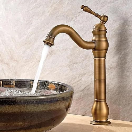 Antique Brass Kitchen Faucet Long Vintage Bathroom Faucet 1 Hole Tall Vessel Sink Faucet 360° Swivel Single Handle Basin Mixer Tap Hot and Cold Water Brushed Gold