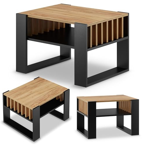 defiPad Couchtisch Eiche Schwarz im Lamellendesign mit Stauraum, 65x50 cm | 18-mm-Möbelplatte, in Europa gefertigt, Kompakte Größe, Modernes Design, Belastbar bis 50 kg, pflegeleichte Oberfläche