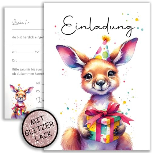 10x Känguru Glitzer Einladungskarten Einladung Kinder Kindergeburtstag Mädchen Jungen Geburtstag Taufe Einschulung Glitzer Geschenk 10x15 cm Party Süßes Känguru 1 2 3 4 5 6 7 8 9 10 11 12 13