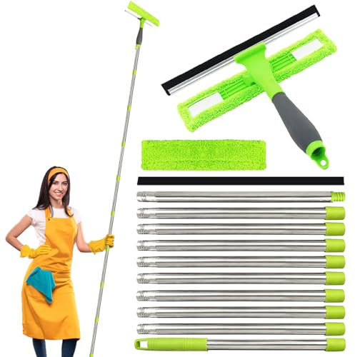 3.6M Window Squeegee Cleaning Equipment, 12FT Extendable Glass Cleaning Tools with Silicone Squeegee & Microfiber Scrubber, Professional Window Cleaner Kit for Shower Glass Mirror Door Car