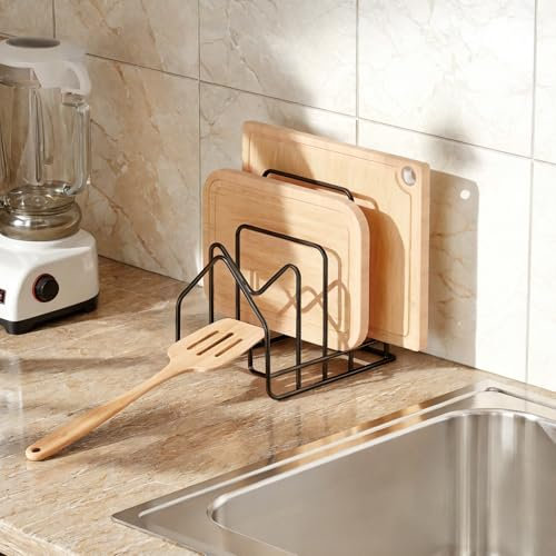 PAVSTINE 4 Slots Chopping Board Holder, Pan Lid Drawer Rack Stand for Pot Lids from 6.3-13.4in, Kitchen Countertop Cupboard Organiser for Baking Tray, Pot Pan Lid, Cutting Board Storage, Black
