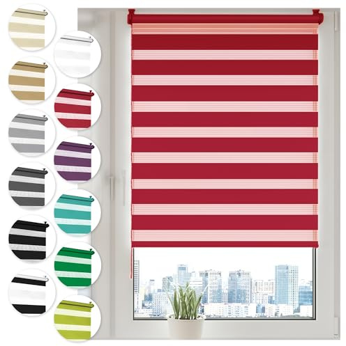 Doppelrollo Klemmfix ohne Bohren 60cm x 130cm Rot Duo Rollo Klemmrollo Sonnenschutzrollo Fensterrollo für Fenster & Türen Zebrarollo Seitenzugrollo