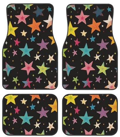 Mexpekil Bunte Sterne Vintage Automatten Set von 4 Universal Auto Fußmatten rutschfeste Auto Fußmatten Dekorative Auto Teppich Protektoren für SUV Van LKW
