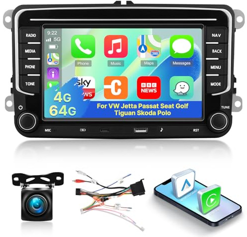 Radio de Coche para VW Volkswagen Jetta Passat Seat Golf Tiguan Skoda Polo | 4G+64G Pantalla Táctil con Wireless Carplay & Android Auto,GPS, WiFi, Radio FM/RDS, Bluetooth 5.0, 32EQ