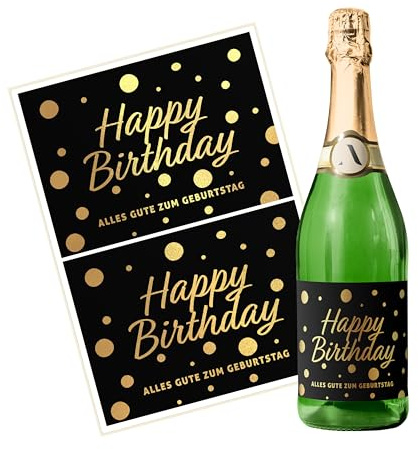 Flaschenetiketten Geburtstag – 2 Happy Birthday Aufkleber gold für Wein, Sekt Geschenk – selbstklebend, wasserfest – Sticker für Flaschen als Geburtstaggeschenk für Frauen und Männer (Punkte - gold)